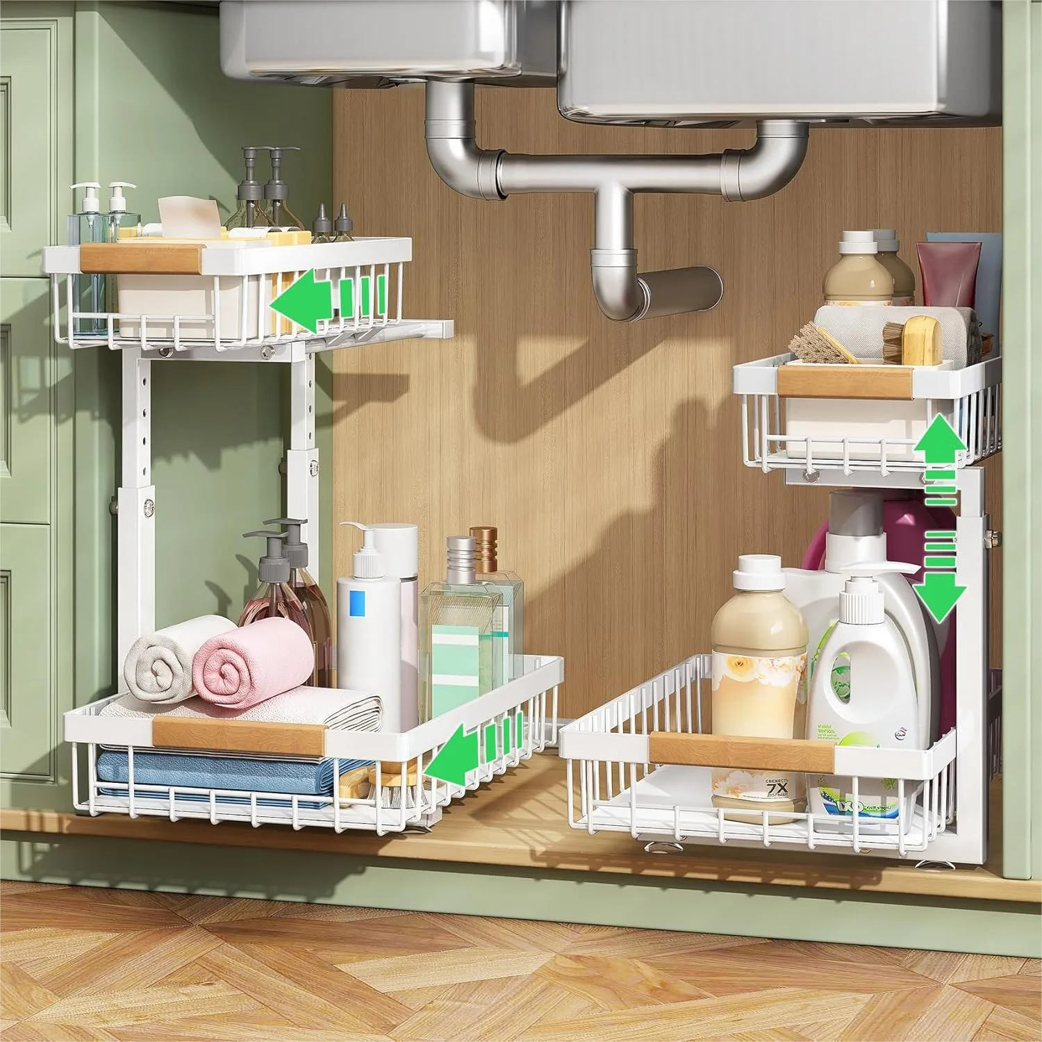 

Under Sink Organizer 2 Tier, Slide Out Pull Out Cabinet Shelf with Adjustable Height, Heavy Duty Metal Sliding Drawer for