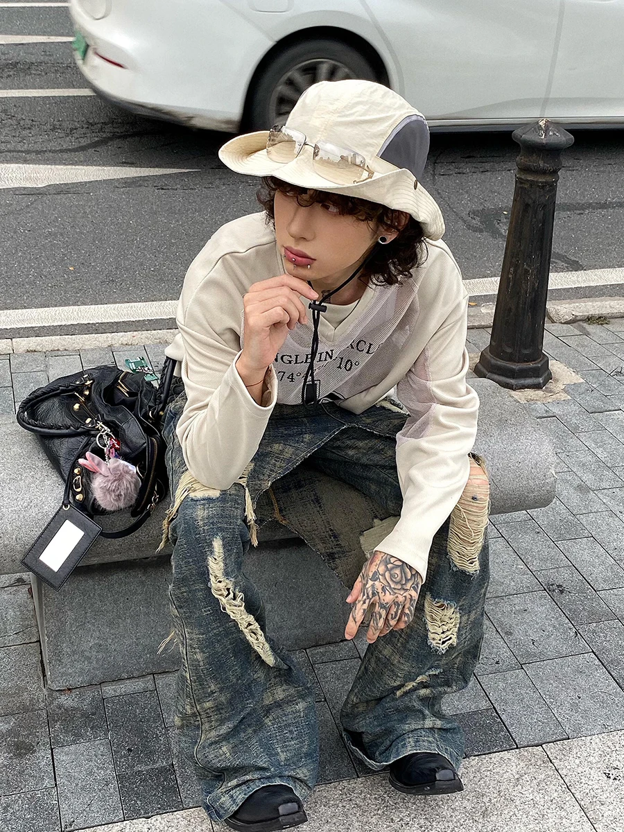 ReddaChic Falso in due pezzi da uomo Jeans larghi Do Old Vintage Tie Dye Distrutto Punto irregolare Bordo grezzo Pantaloni larghi Hiphop Streetwear