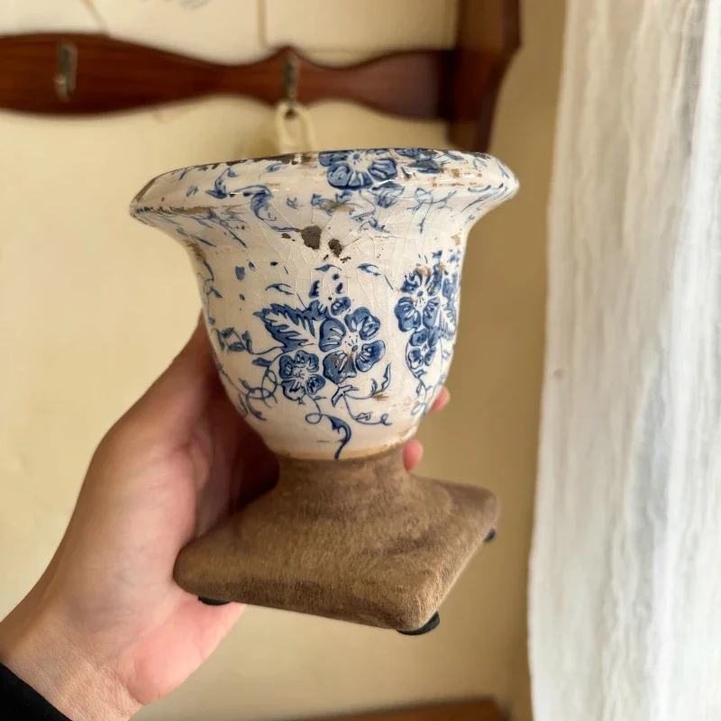 Maceta de cerámica Retro francesa para plantas, macetero rústico con orificio de drenaje, florero Vintage con grietas de hielo