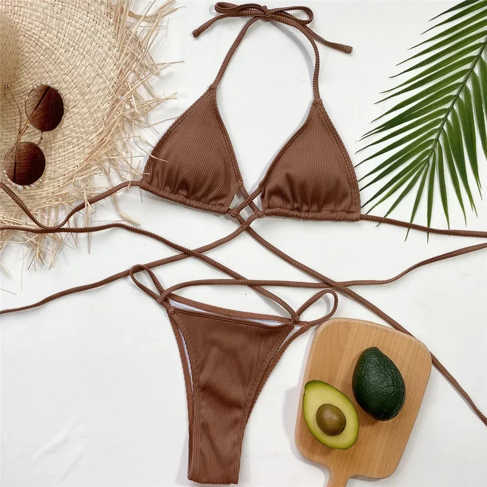 

Sexy Brown Swimsuit String Halter Micro Thong Bikini 2025 Ribbed Swimwear Women Brazilian Triangle Bikinis Sets Bathing Suit