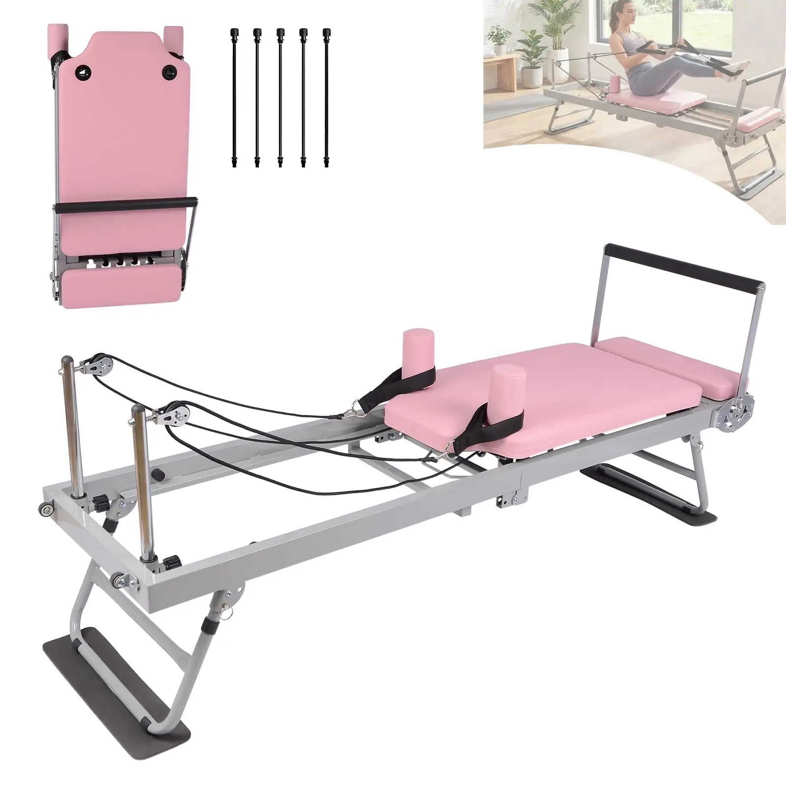 Pink Foldable Pilates Reformer Machine for Home Gym, Professional Workout Equipment with 5x18lb Springs for Beginners &