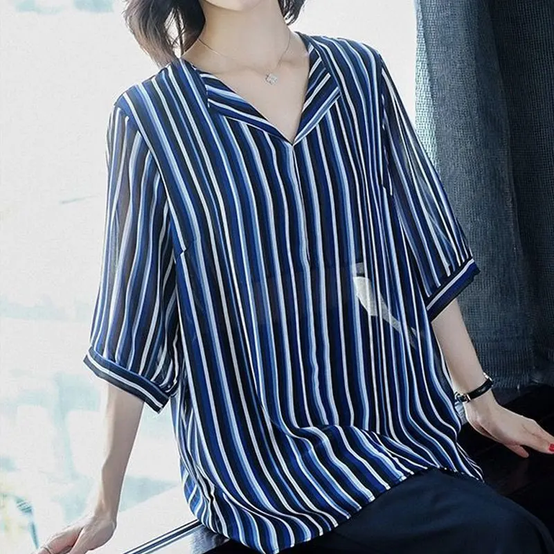 Office Lady Striped Loose Chiffon Blouse Half Sleeve Female Clothing Fashion Patchwork 2023 Summer New Casual V-Neck Midi Shirt