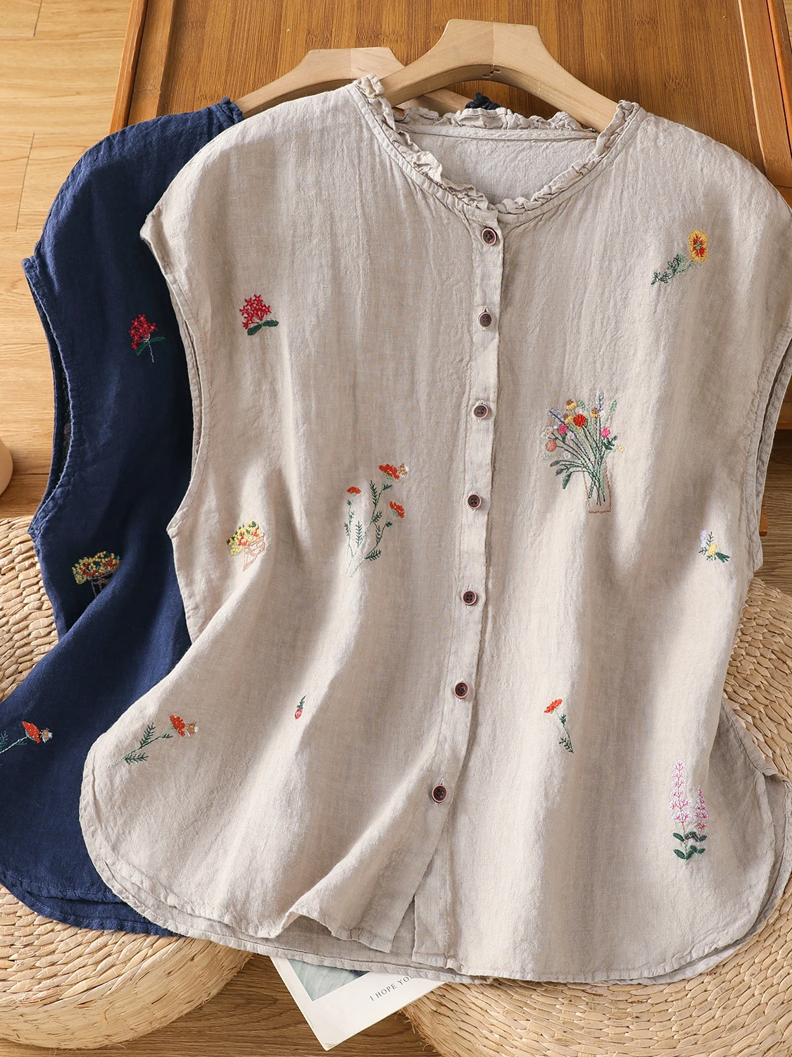 

Casual Embroidered Cotton Linen Svel irt Vest Large Size Women's Faion Floral Stitching Leisure Top Summer Single B...