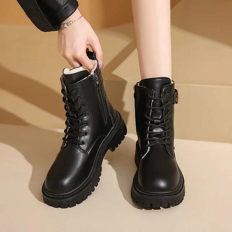 

2025 г. Женская мода, хит продаж, ботинки высокого качества, короткие плюшевые ботильоны с боковой молнией, зимняя женская обувь, модная обувь с круглой головкой