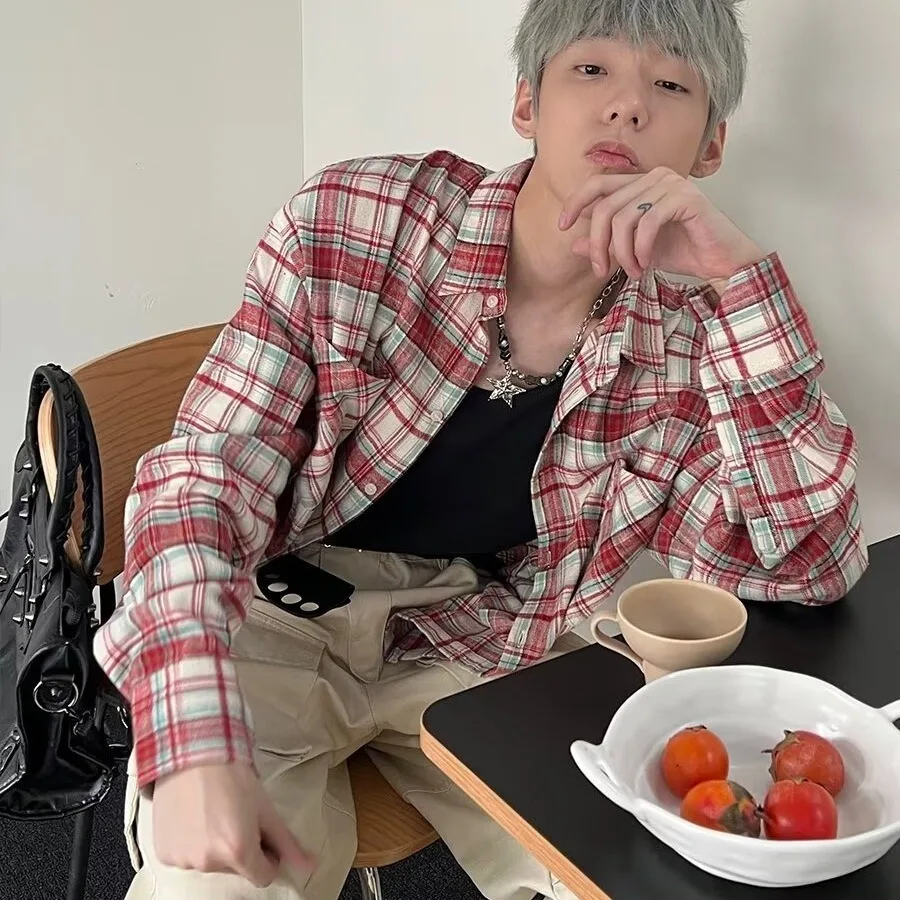 

Loose Men's Long Sleeve Shirt Autumn Winter Large Size 250 Pounds American Color Block Plaid Casual Workwear Coat for Couples