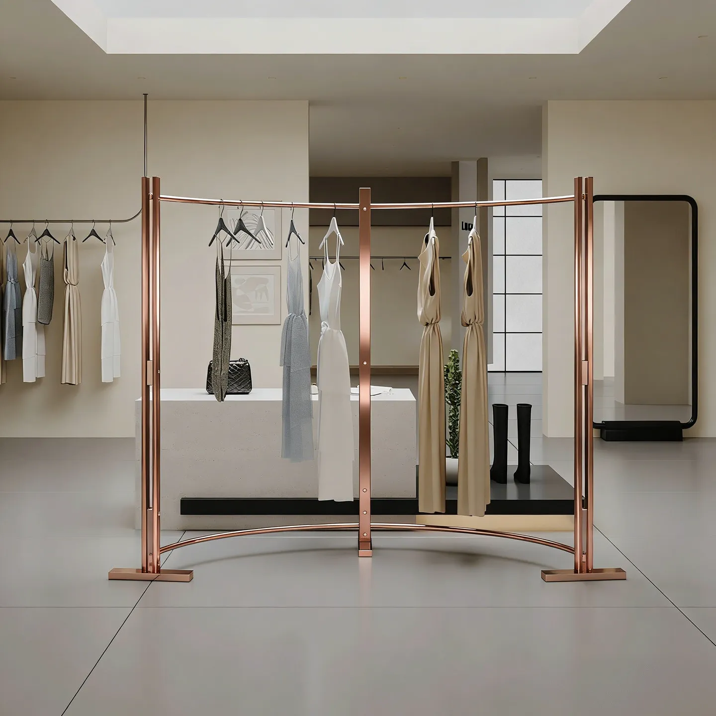 

Стеллаж для демонстрации одежды Nakajima из нержавеющей стали цвета розового золота, специальный демонстрационный стеллаж для мужской и женской одежды.