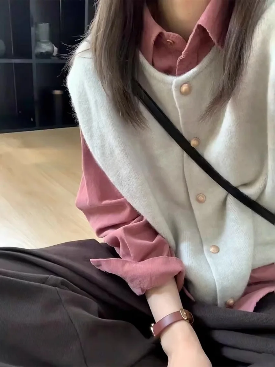 

plus Size Women's Vest Shirt Autumn Winter New Chic Retro Hong Kong Style Outerwear Sweater Commute Style Single Button Closure