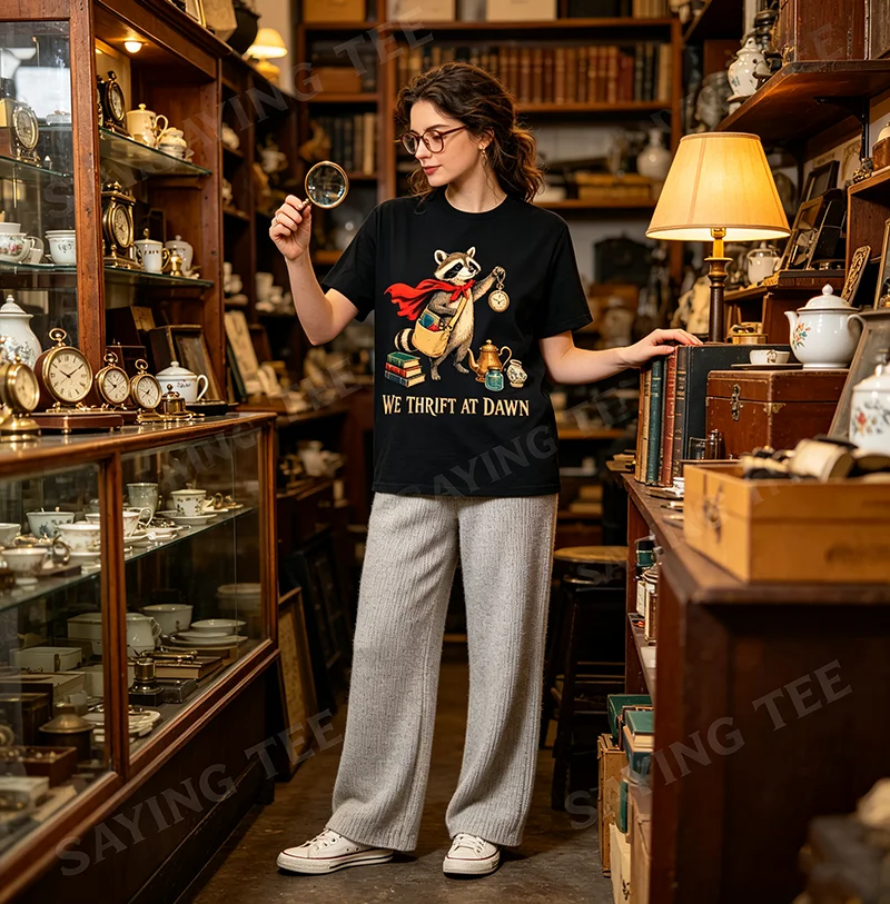 We Thrift At Dawn Thrifting Lover Mittelalterliches Waschbär-T-Shirt Y2k Antik-Sammler Schatzsucher Grafik-Bekleidung Vintage-T-Shirt – Detail 6