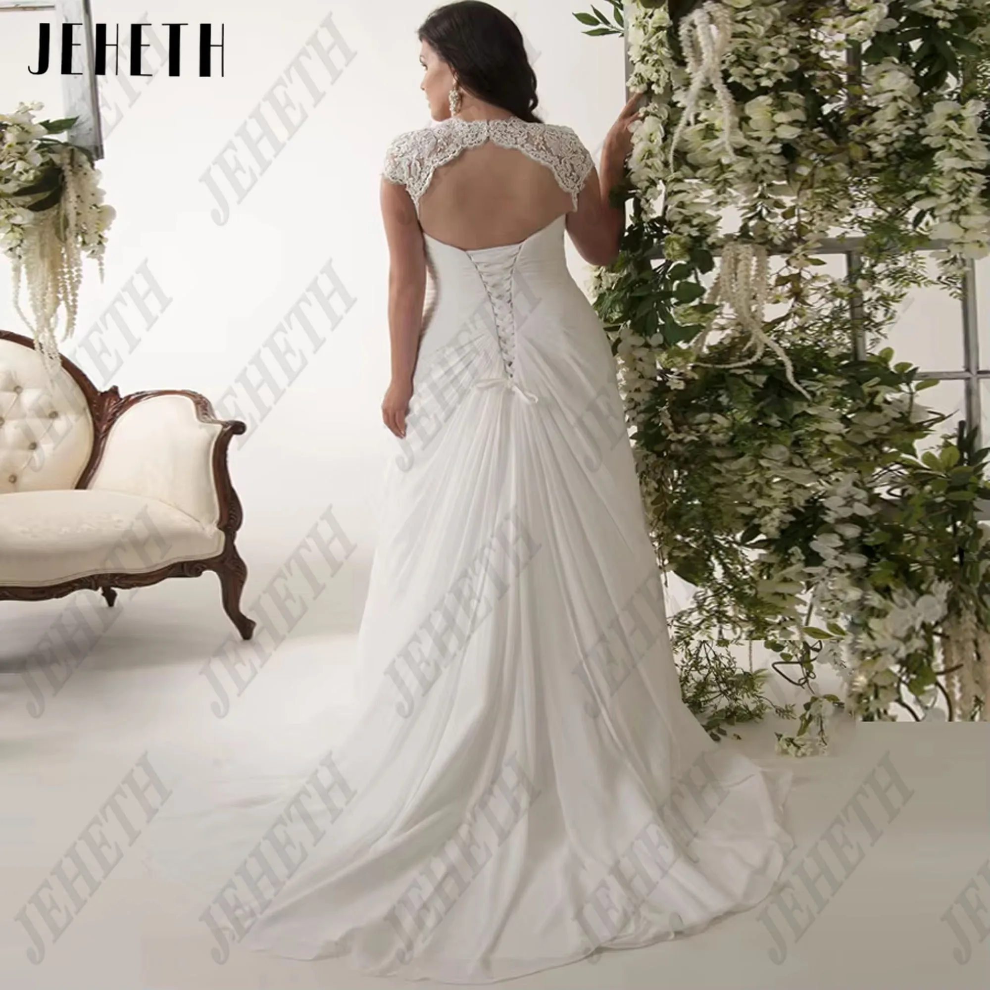 JEHETH 저렴한 플러스 사이즈 웨딩 드레스 재고 캡 슬리브 v 넥 레이스 아플리케 쉬폰 비치 드레스 Vestido De Novia Customized JEHETH 저렴한 플러스 사이즈 결혼식 드레스 주식 모자 소매 V 목 레이스 애플리케이션 시폰 해변 드레스 Vestido De Novia 사용자 정의