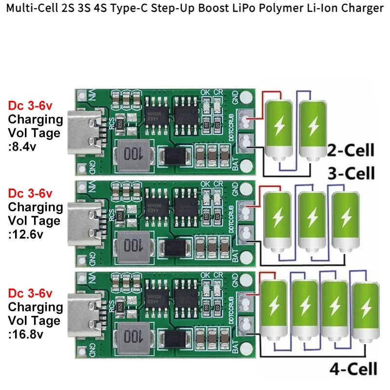 Multi-Cell 2S 3S 4S Type-C To 8.4V 12.6V 16.8V Step-Up Boost Lipo Polymer Li-Ion Charger 7.4V 11.1V 14.8V 18650 Lithium Battery