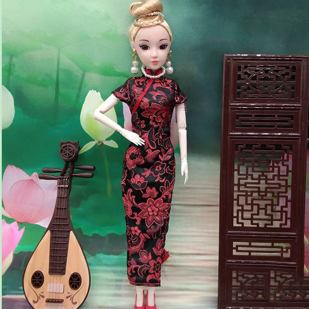 Moda estilo chinês boneca roupas vestido de noite festa pano boneca cheongsam tradicional jogando casa boneca saia presente da menina