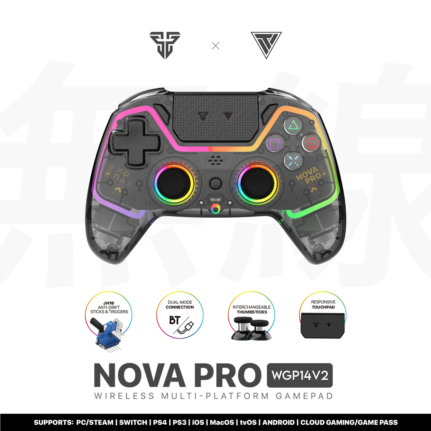 FANTECH NOVA PRO WGP14V2 Wireless gamepad Anti-Drift Hall Effect Sticks and Force-switchable Tirgger Wired Controller for PS4