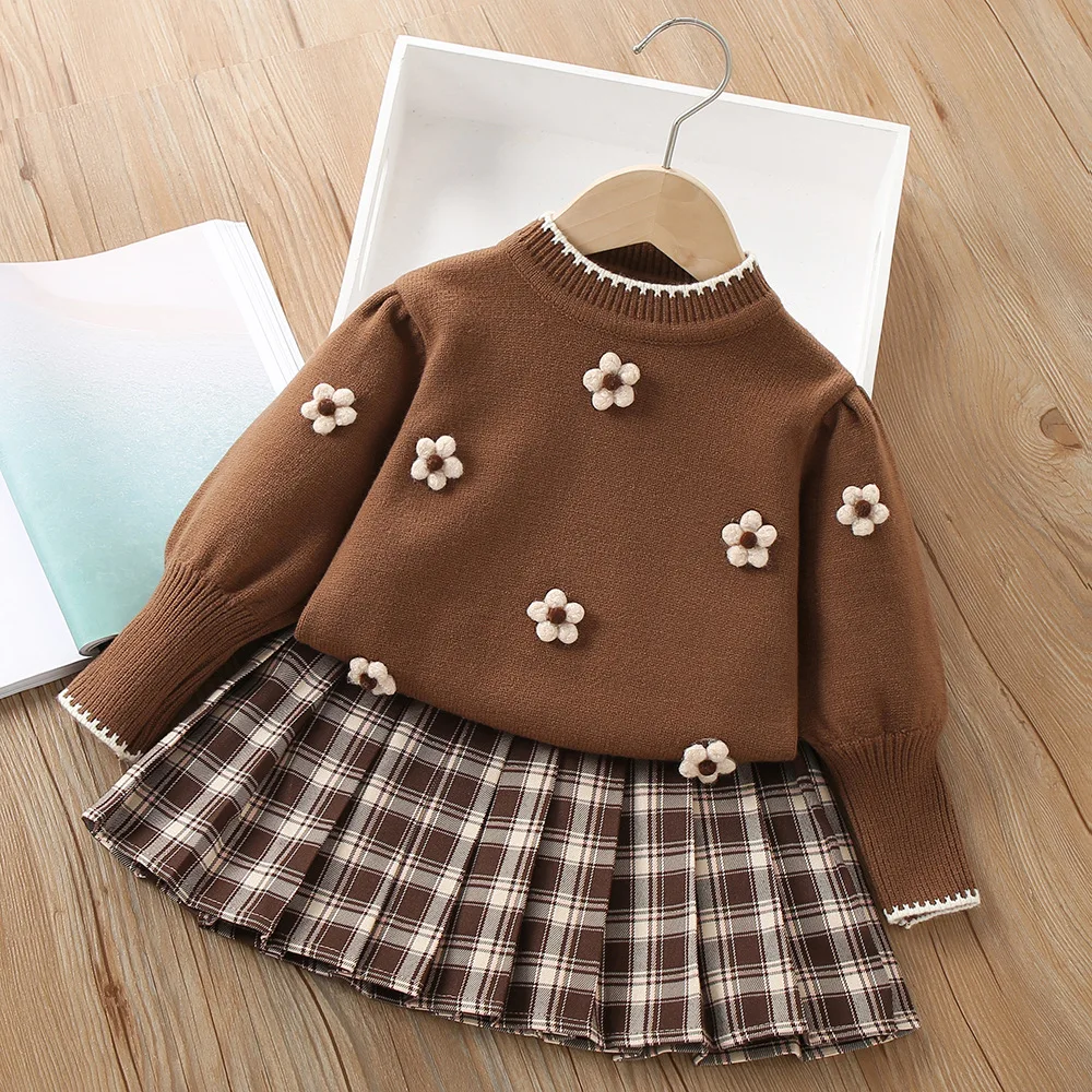 MILANCEL Autumn/Winter Girls' Clothing Children's Flower Knitted Pullover Pleated Skirt Girls Sweater 2Pcs Suit Kid's Outfit