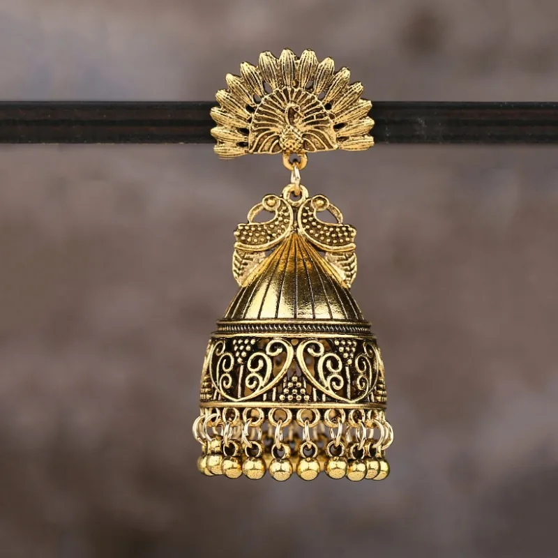 2024 Ethnic Jhumka Earrings for Women Nepal Bohemian Jewelry Exaggerated Retro Indian Style Hollow Bell Pendant Peacock Earrings