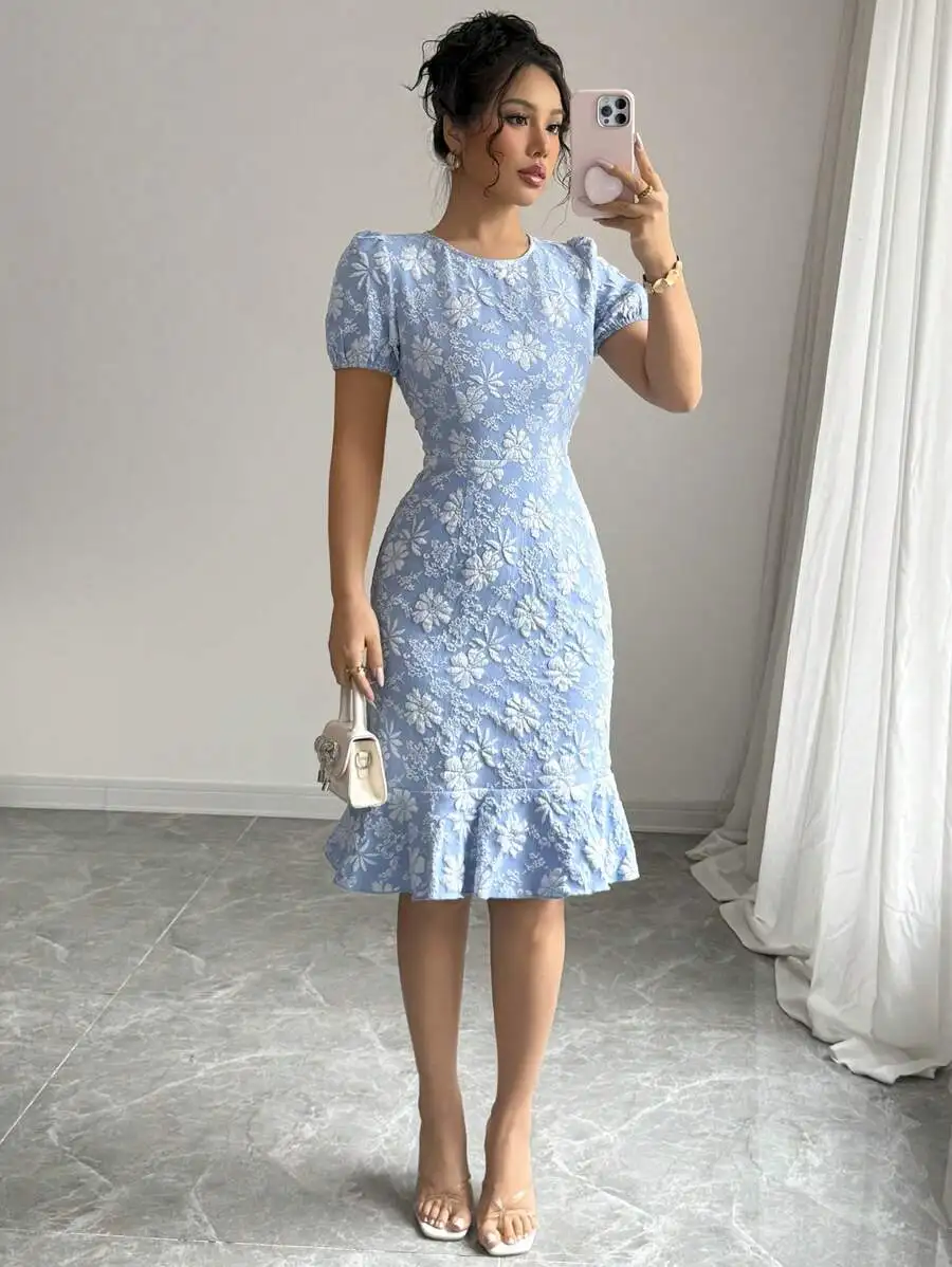 

Elegant Blue Floral Jacquard Puff Sleeve Ruffle Hem Midi Dress