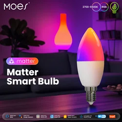 MOES 투야 마터 와이파이 스마트 전구, 밝기 조절 LED 조명, 16 만 RGB 색상, E14 촛불 램프, 음성 제어, 알렉사 구글 홈