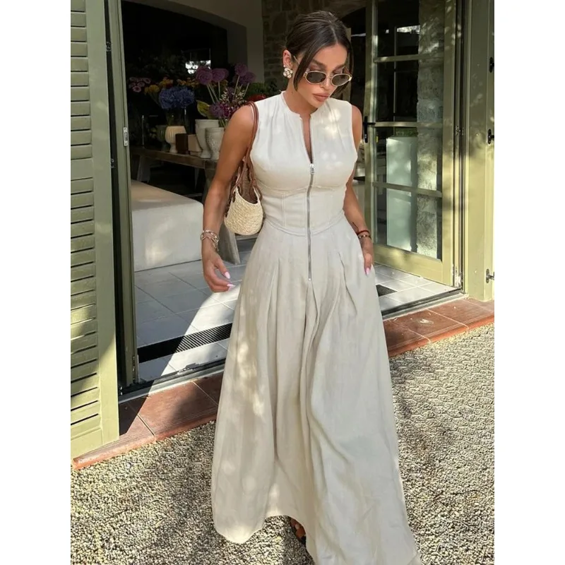 

Elegant Solid Sleeveless Women Maxi Dress Fashion V-neck Zipper Slim Cotton Linen Dresses 2024 Summer Office Lady Commuting Robe