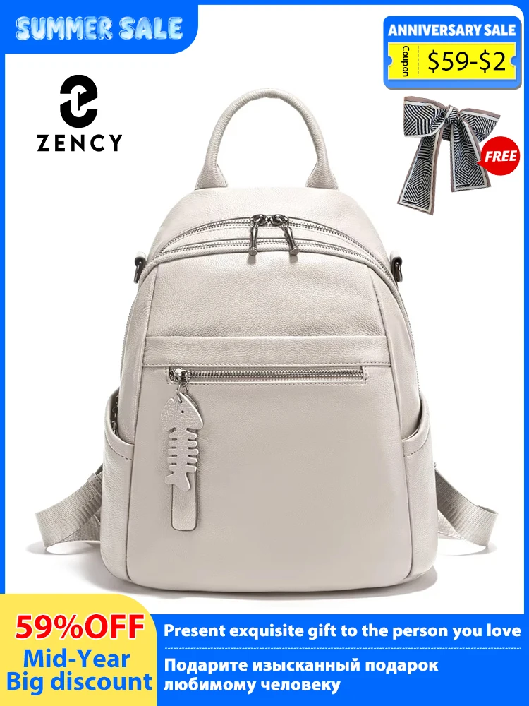 

Zency New Genuine Leather Women's Backpack Knapsack Multi-pocket Simple Travel Shoulder Bag 2025 Trendy Cowhide Leather Rucksack