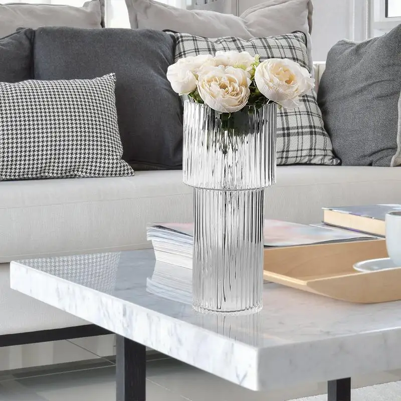 Modern Vase Clear Ribbed Glass Flower Vases Fluted Decorative Wide Short Flower Vase For Centerpieces Living Room Dining Table