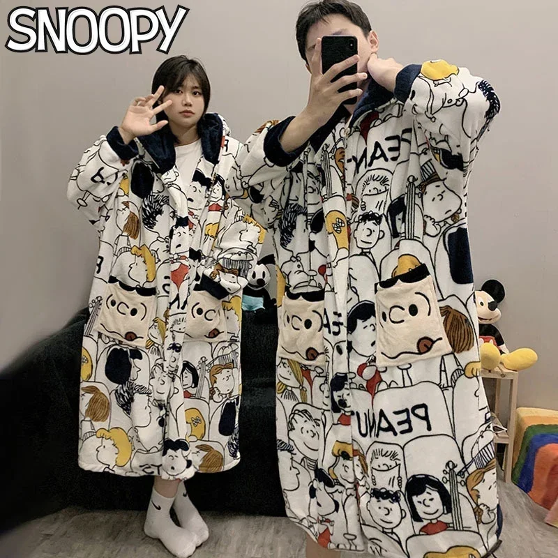 

Snoopy Winter Pajamas for Women Men Bathrobe Couple Cartoon Hooded Cute Home Wear Sleepwear Kawaii Flannel Robe Plush Nightgown