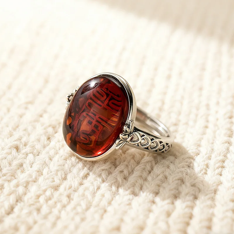 

925 Silver Open Finger Ring Red Oval Lotus Flower Vintage Elegant Floral Geometric For Women Jewelry Gift Dropship Wholesale