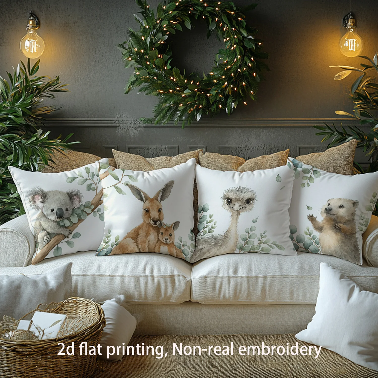 4pcs Australian Style Natural Eco-Friendly Pillowcase Set, Featuring Koalas, Kangaroos, Emus, and Wombats.