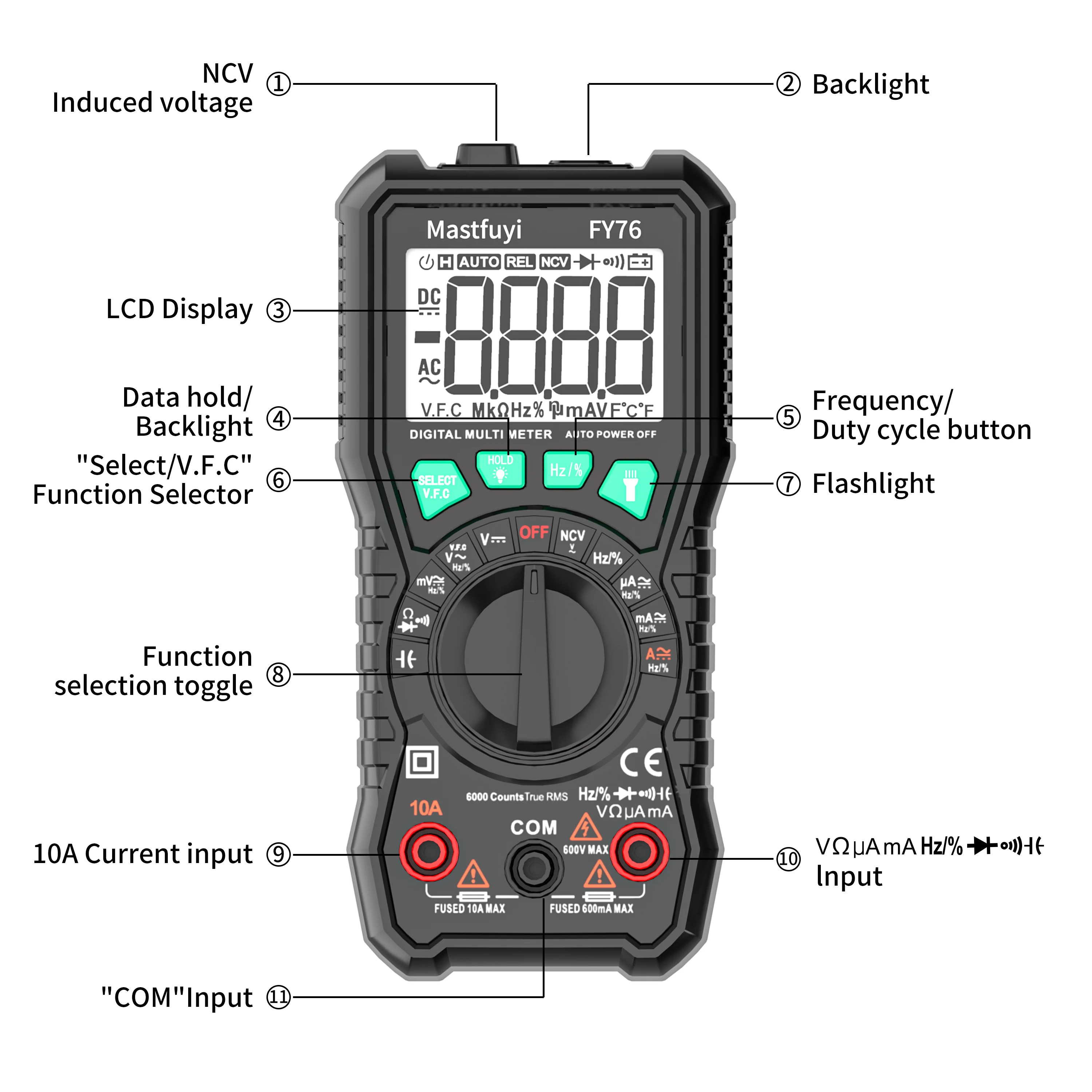 MASTFUYI FY76 Multimetro digitale multifunzione Vero RMS 6000 Conteggio, Tester di tensione, Misurazione della frequenza variabile Per testatori