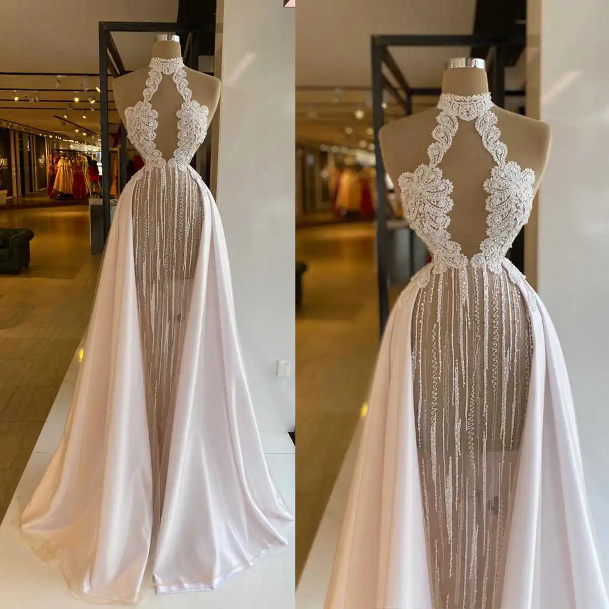 

Fashion High Neck Evening Dresses See Through Appliques Prom Gowns Illusion Sleeveless Party Dress Custom Made