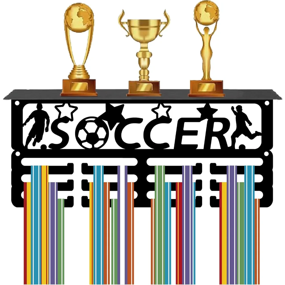 Football Medal Trophy Display Shelf Hanger Display Shelf with 12 Hooks Stand Wall Mount Hold 70+ Medals Holder Hanger Sports