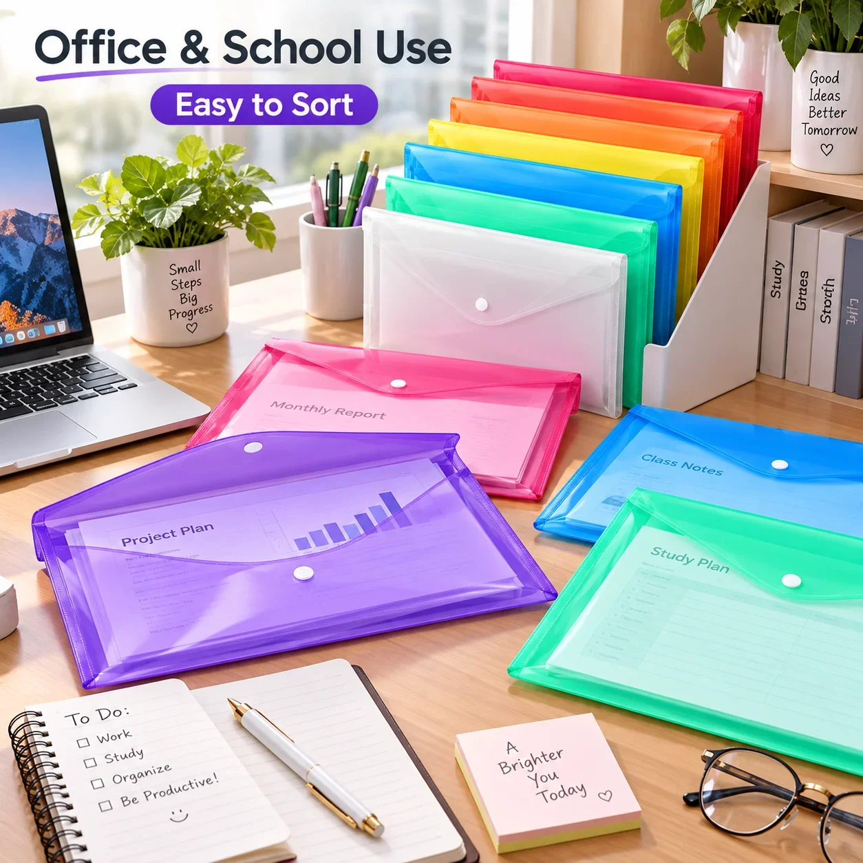 A4 Transparent Document Bag, Colorful Snap PP File Pouch, Storage Folder for Office and School Use