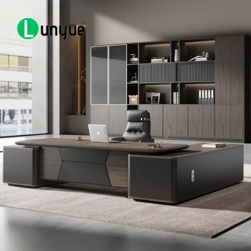 Modern Executive Desk with Flip Side Cabinets Wood Grain Finish Large Office Table for CEO Manager Home Office Workspace