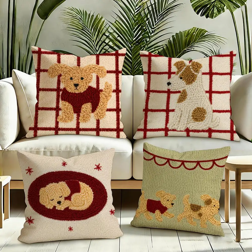 Red Gingham Dogs Cushion Cover Silky Short Plush Invisible Zipper Dustproof Sofa Pillow Case for Home Decor