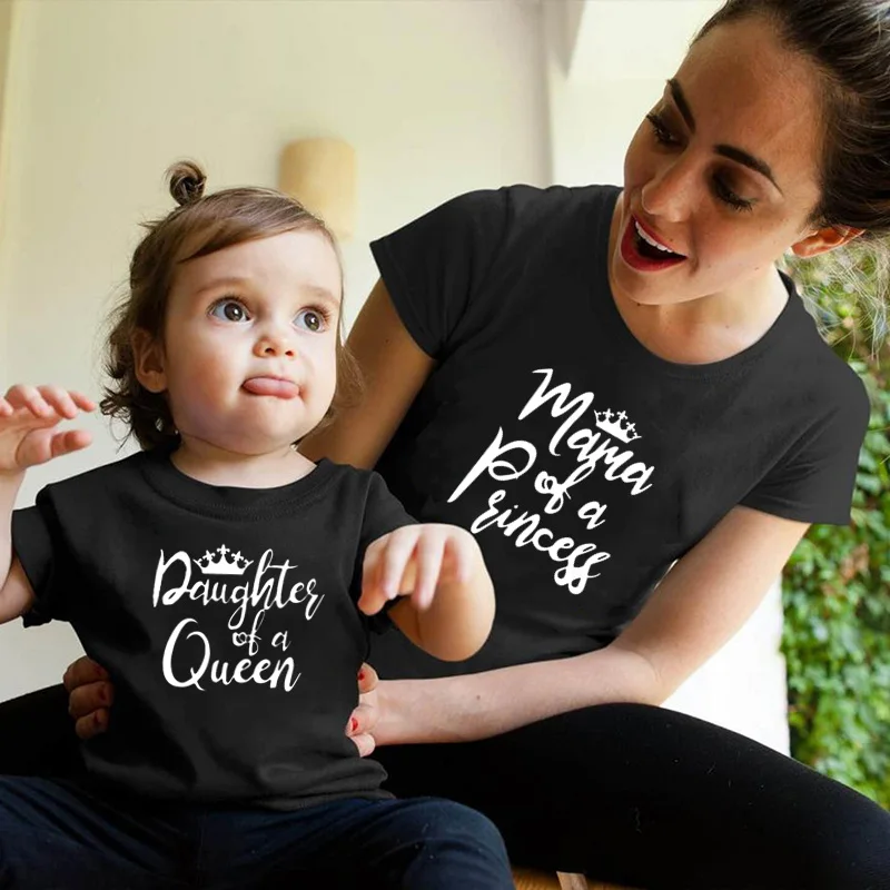 

Matching Family Outfits Clothes Family Look Mama of a Princess Print T shirt Mom Daughter Cotton Tops Baby Girls Funny T-shirts