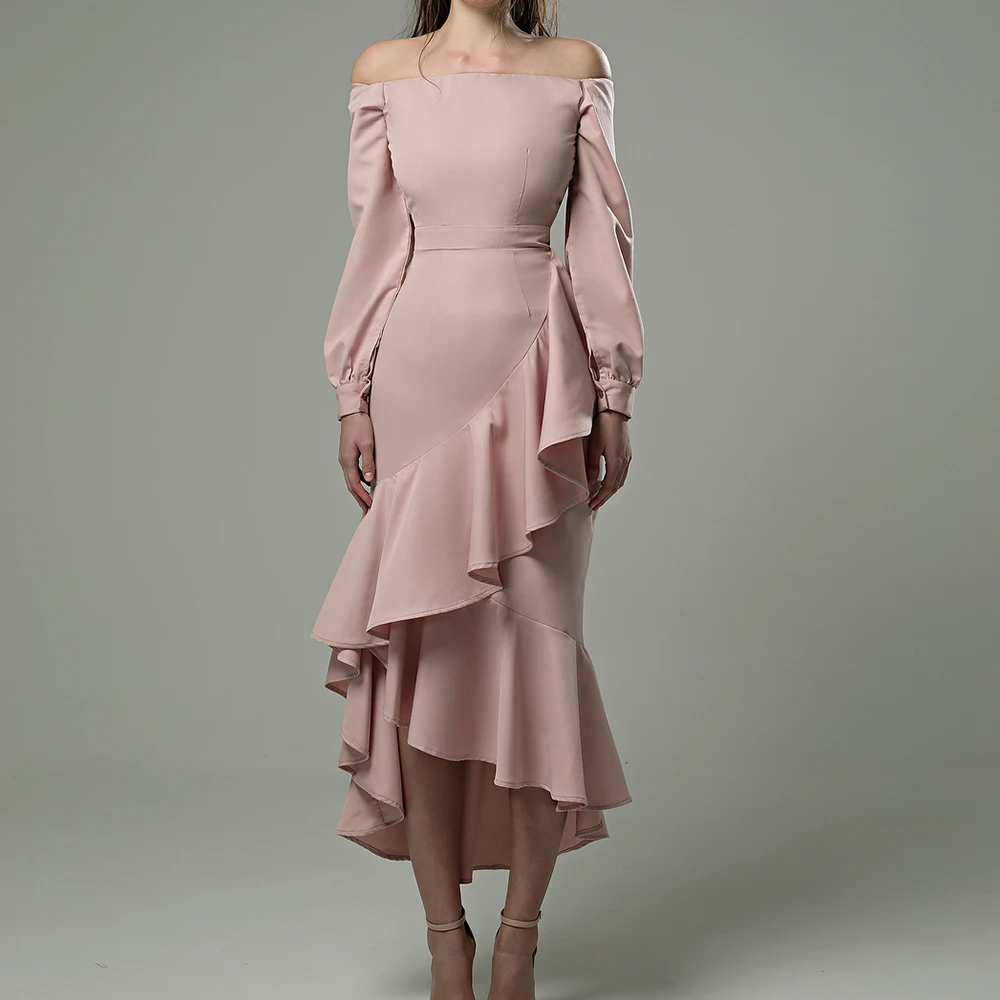 

Modern Jersey Straight Off the Shoulder Ruffles Evening Dress Tea Length Boat Neck Long Sleeves فساتين سهره نسائيه فخمة