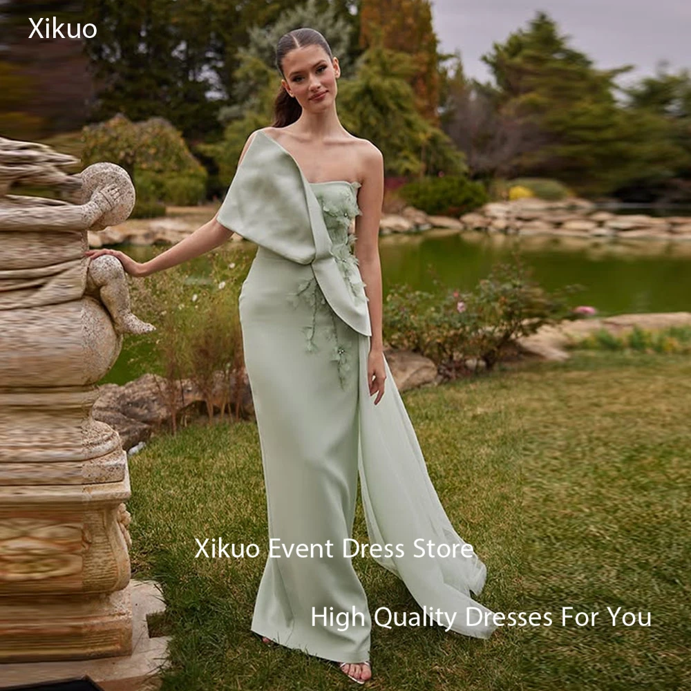 Xikuo Изящные атласные женские вечерние платья без бретелек с 3D цветами Vestidos De Fiesta Русалка плиссированные платья для выпускного вечера по индивидуальному заказу
