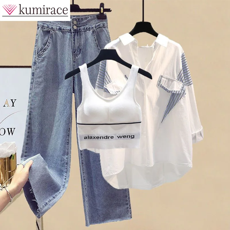 Женский солнцезащитный комплект из рубашки и брюк, универсальные облегающие узкие джинсы большого размера, принт, Новинка лета 2024