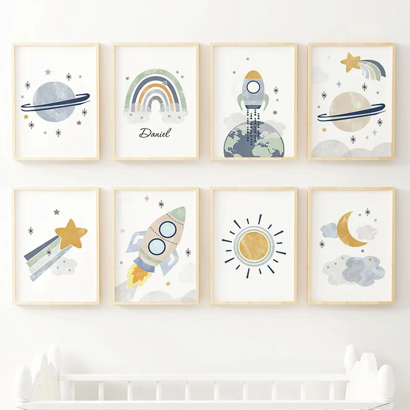 Toile murale décorative avec soleil, arc-en-ciel, lune, étoiles, planètes, fusée, dessin animé, exploration, peinture sur toile, affiches et images, décoration de chambre d'enfant