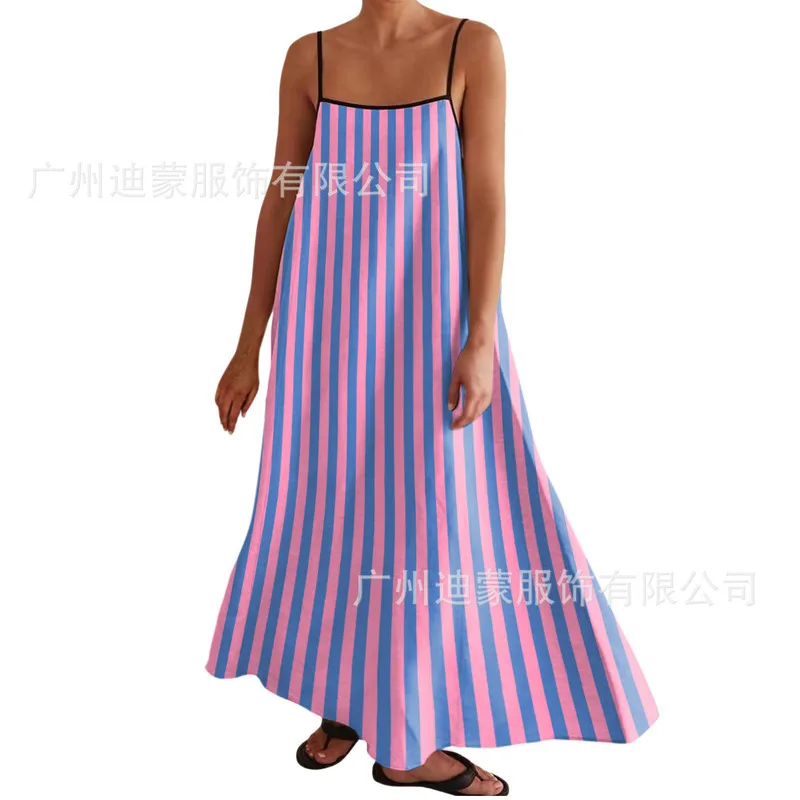 Spring And Summer Fashion Striped Printed Contrasting Cotton Leprosy Suspender Striped Large Swing Dress