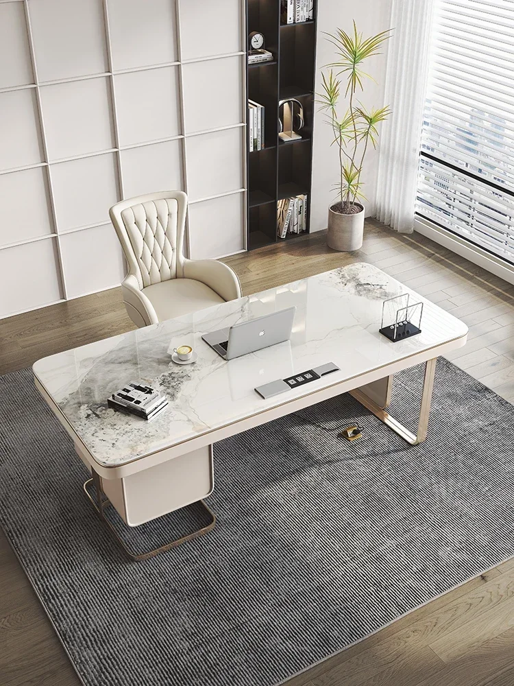 

Desk: light luxury, modern minimalist style, high-end rock slab desk chair, computer desk,