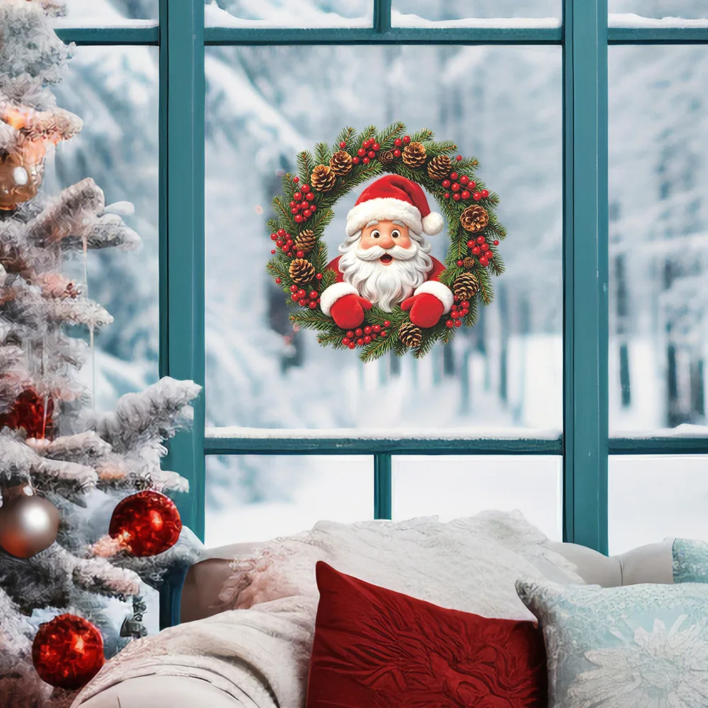 Christmas Cartoon Santa Wreath Window Decal, Festive Decor Sticker for Home Balcony Glass Window Beautification