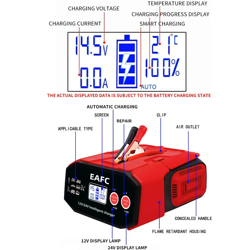 EAFC Ładowarka samochodowa o dużej mocy 400 W Inteligentna naprawa impulsów Akumulator kwasowo-ołowiowy Cyfrowy wyświetlacz LCD do samochodu SUV Ciężarówka Motocykl — zdjęcie 5