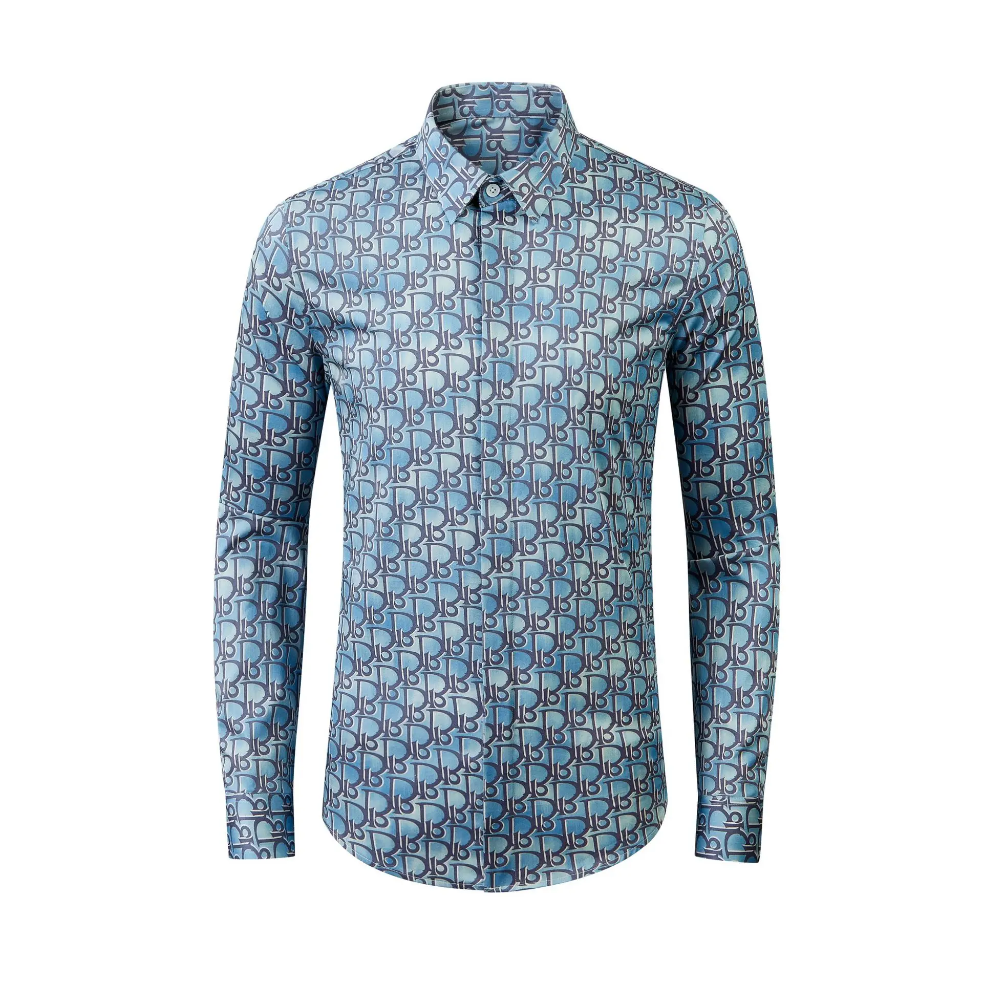 

New letter washed blue digital print cross-border fashion flower pattern men's long sleeved shirt