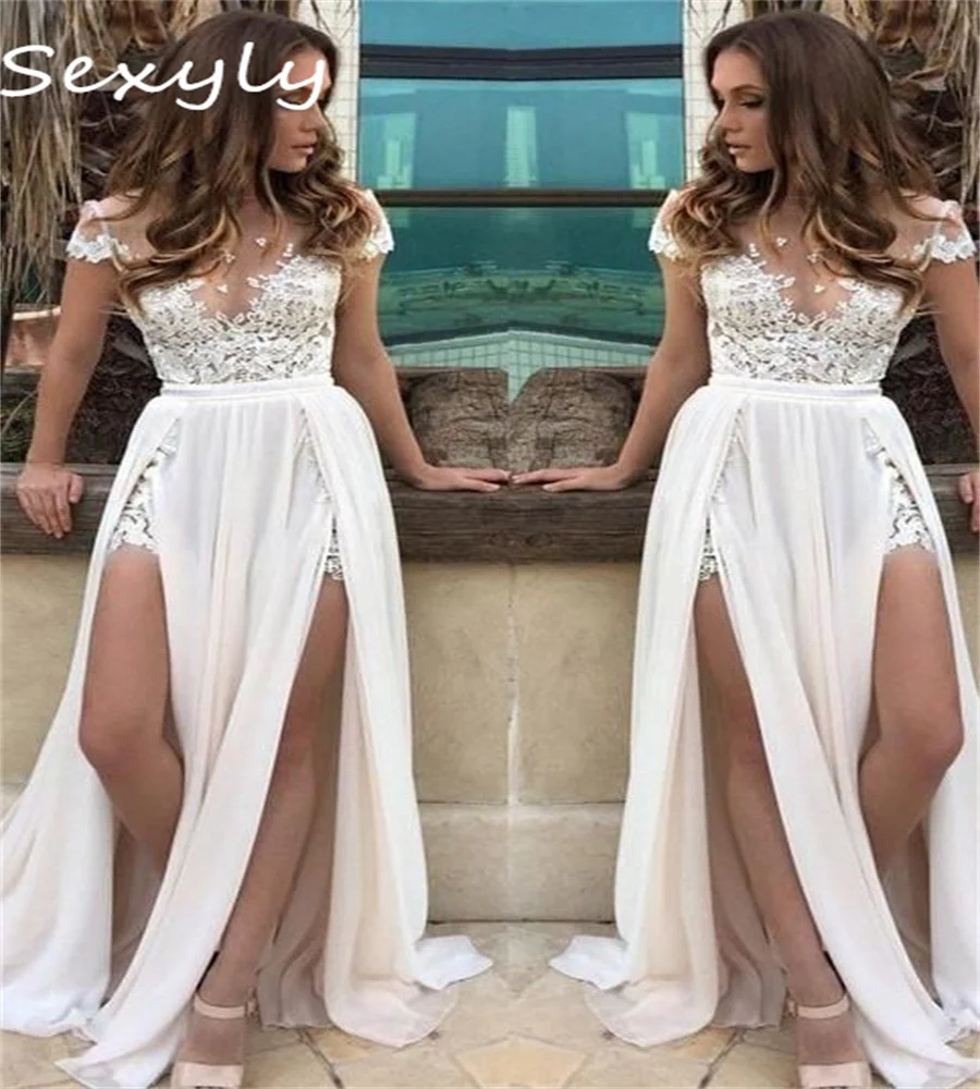 Side Slit Boho Wedding Dress 2025 Sheer Neck Lace Bohemian Bride Dress Cap Sleeve Chiffon Civil Country Bridal Flowy Customized