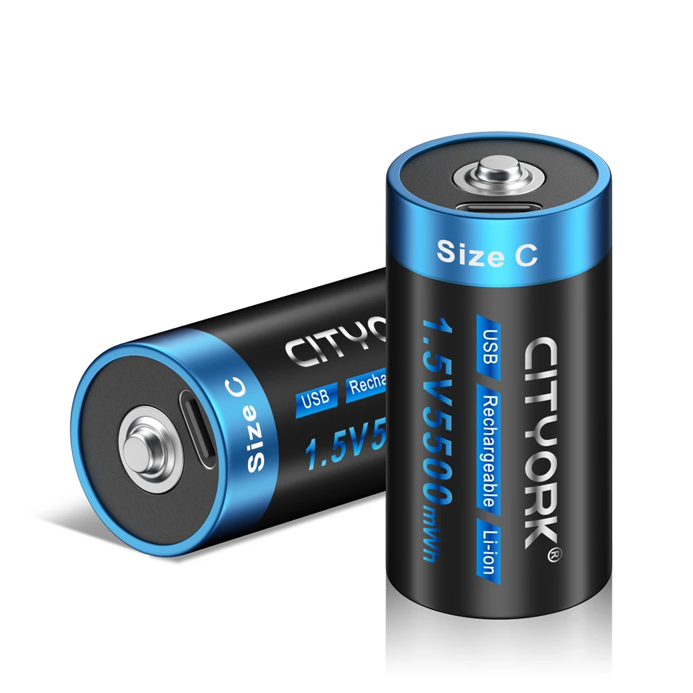 CITYORK 1.5V LR14 R14 Akumulatory Litowo-jonowe Rozmiar C LR14 Ładowane przez USB 5500mWh Baterie do Podgrzewaczy Wody, Latarek, Kuchenek Gazowych, Baterie Typu C — 2