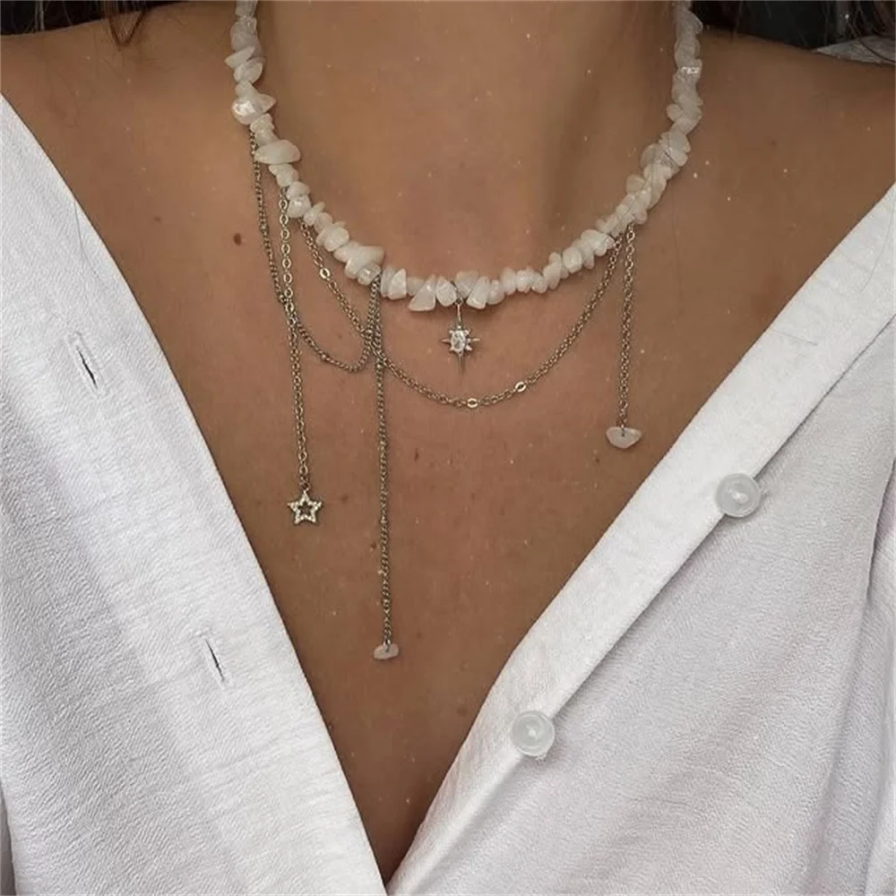 Pink Rose Quartz Beaded Choker Necklace Women Irregular Silver-Plated Chip Tassel Chain Heart Pendant Boho Party Fashion Jewelry