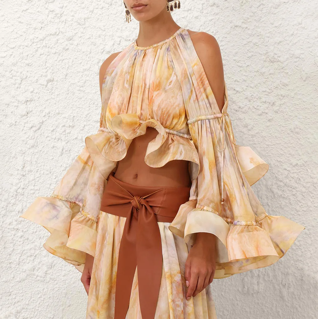 

Sexy Off Shoulder Blouse with Flare Sleeves Elegant Ink Printed Lotus Leaf Top Party Summer Outfits for Women Chic Style Shirt