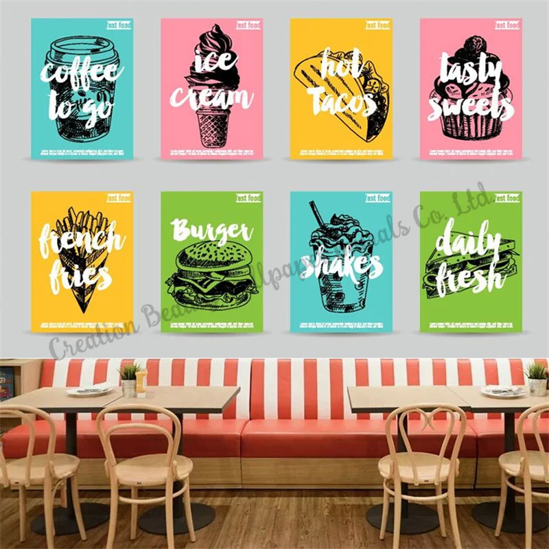 

Custom Wallpaper Burger French Fries Ice Cream Murals Industrial Decoration Fast Food Restaurant Snack Bar KTV Background Wall