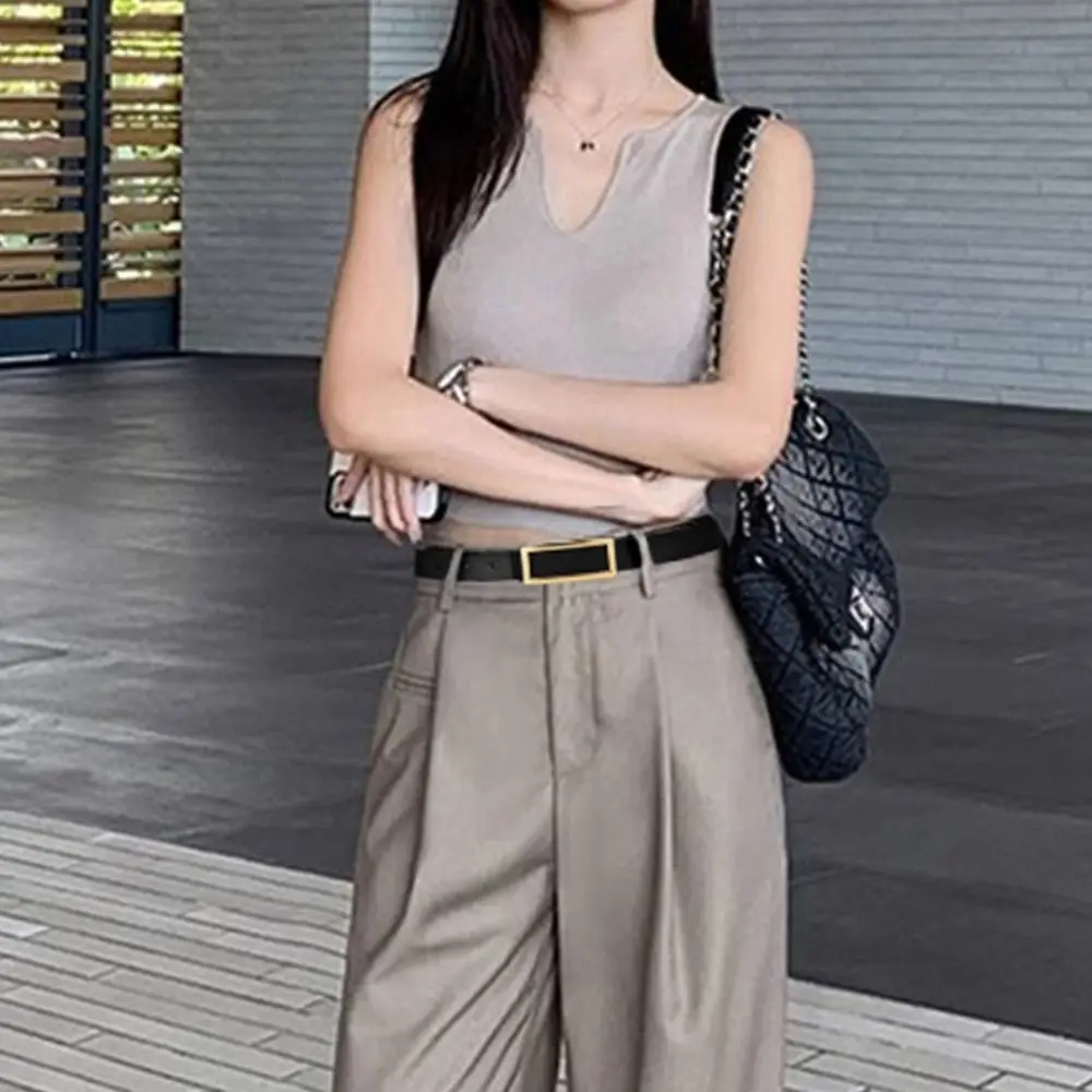 Strapsa Fashion Sabuk Kulit Asli Gesper Persegi Panjang Sabuk Tipis Dapat Disesuaikan Dekoratif Elegan Sabuk Sempit Wanita