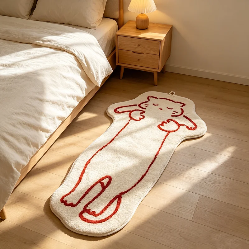 VIKAMA Cream Lazy Cat Shaped Plush Rug Non Slip Washable Cartoon Animal Bedside Runner Bedroom Floor Decor Mat Soft Bedside Mat