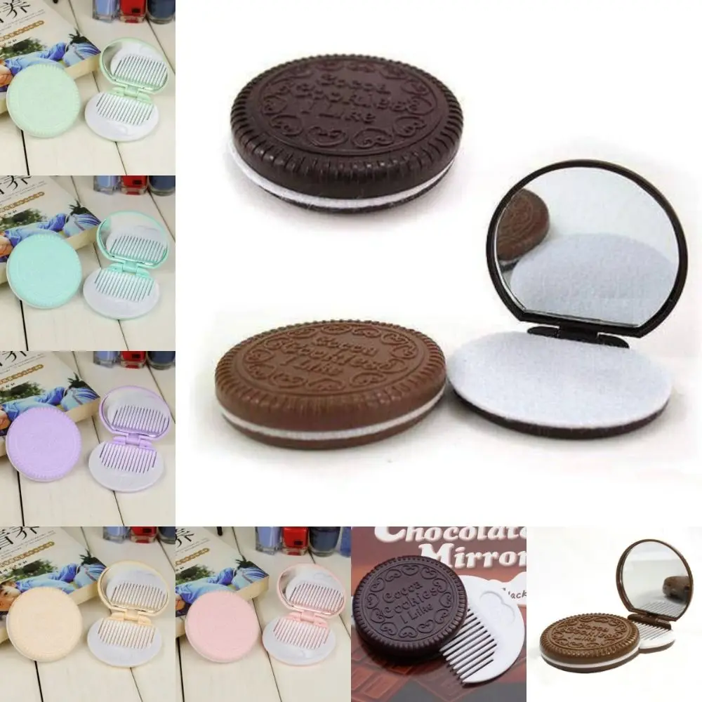 Mini juego de espejo de peine 2 en 1, peine plegable, espejo de maquillaje portátil con juego de peine, bonito espejo de bolsillo con forma de galleta de Chocolate